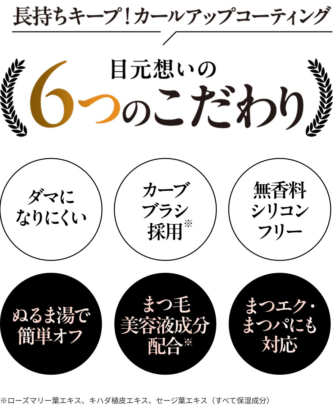 長持ちキープ！カールアップコーティング／目元想いの6つのこだわり（円6つ）